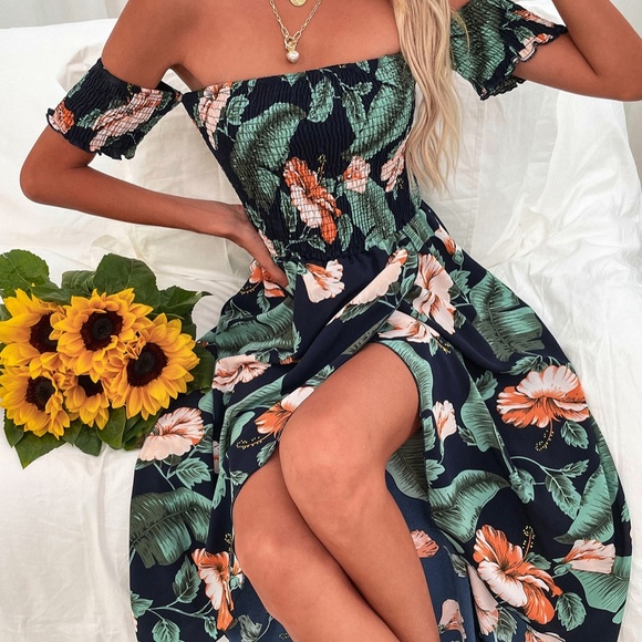 Boho Blue Floral Tropical Leave Off Shoulder dress - Picture 10 of 10